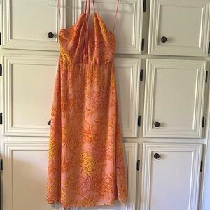 LOST + WANDER Floral Halter Dress Size: M in Pink, Coral, Orange & Yellow